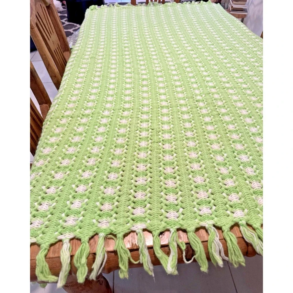 VTG Crochet Granny Square Blanket Green White Fringe Cottage Grandma 83X63 In